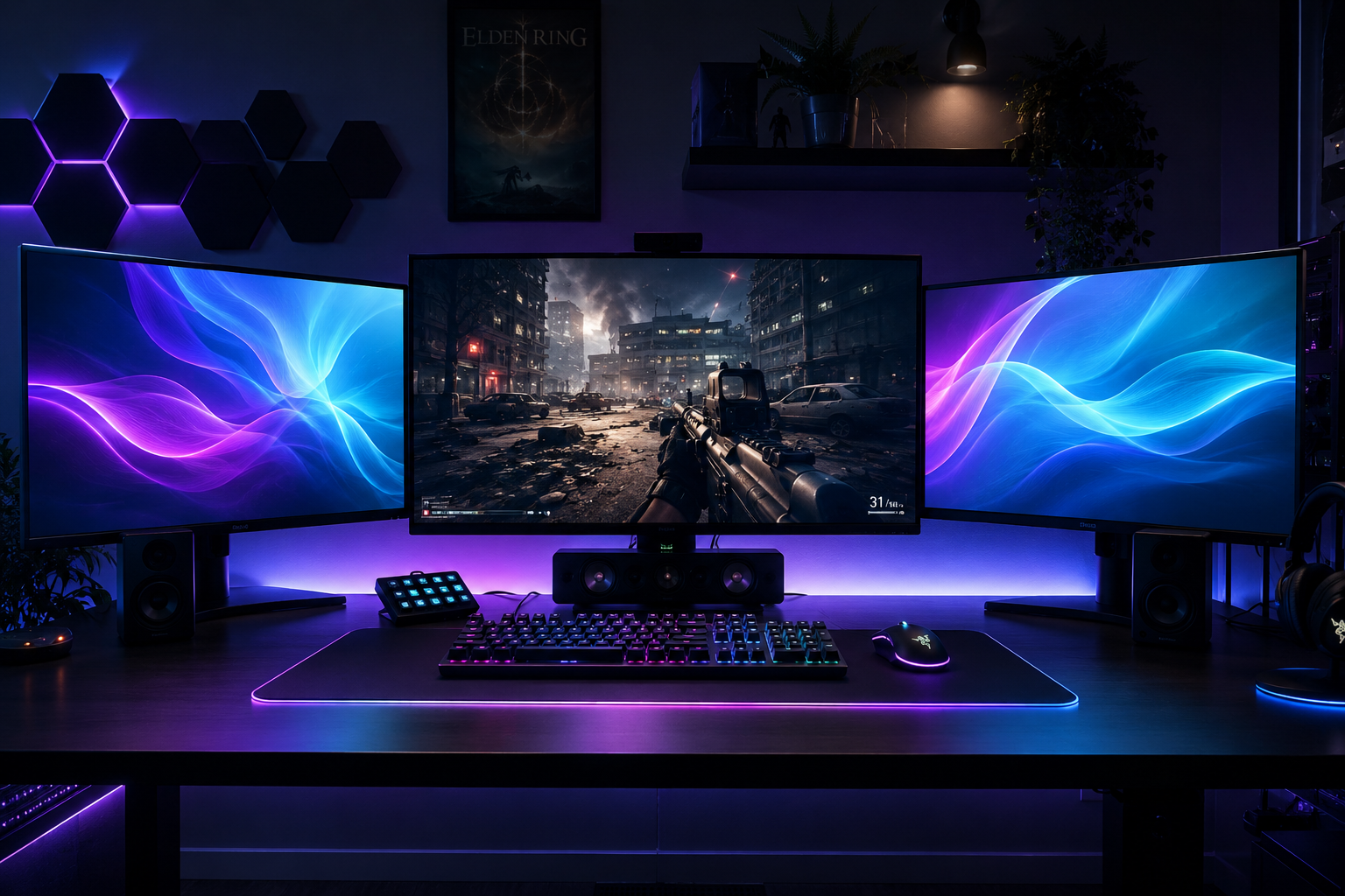 Triple-monitor desk setup: a game running on the center monitor while DemShade fills both side monitors with flowing ambient light